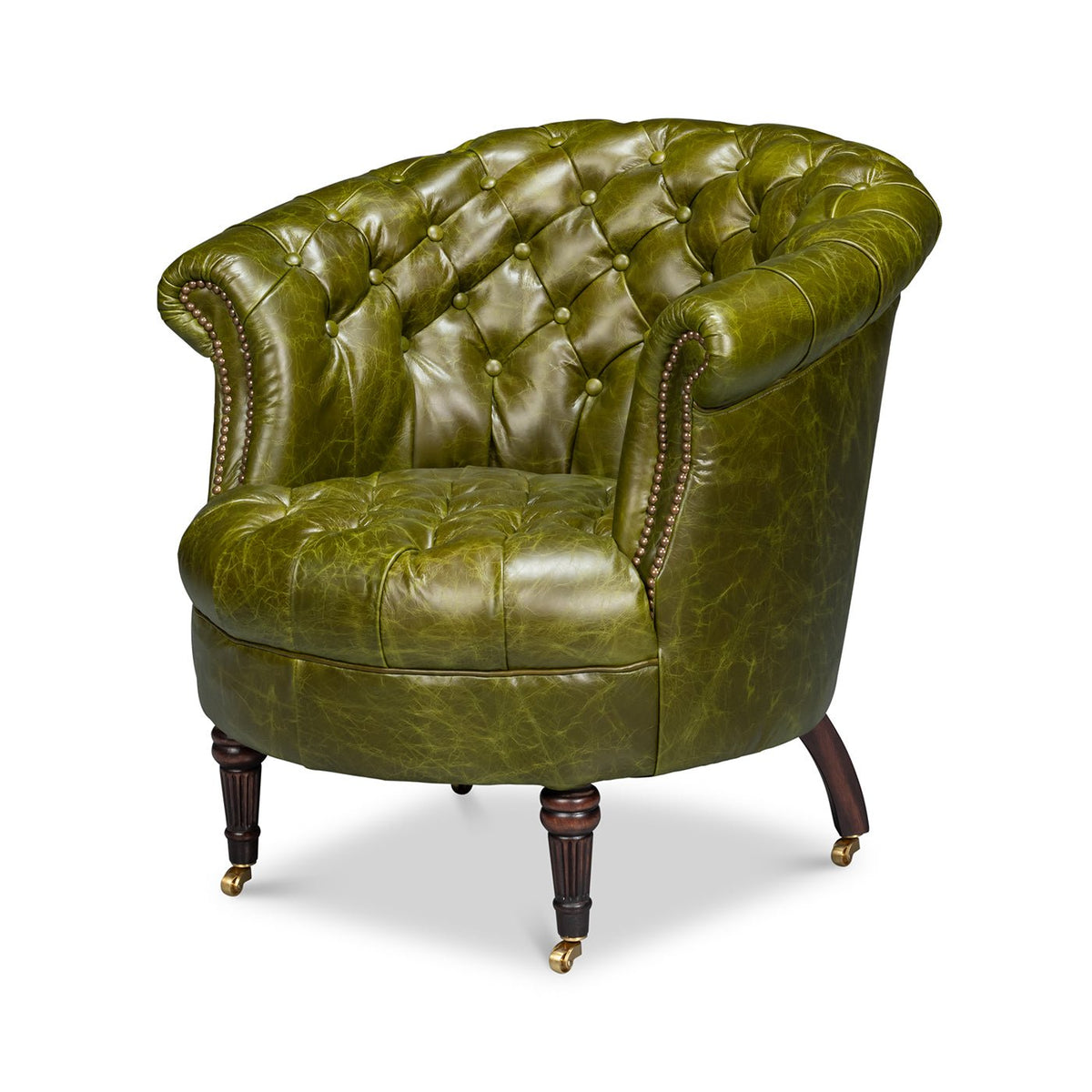 Green Leather Barrel Back Chair - English Georgian America