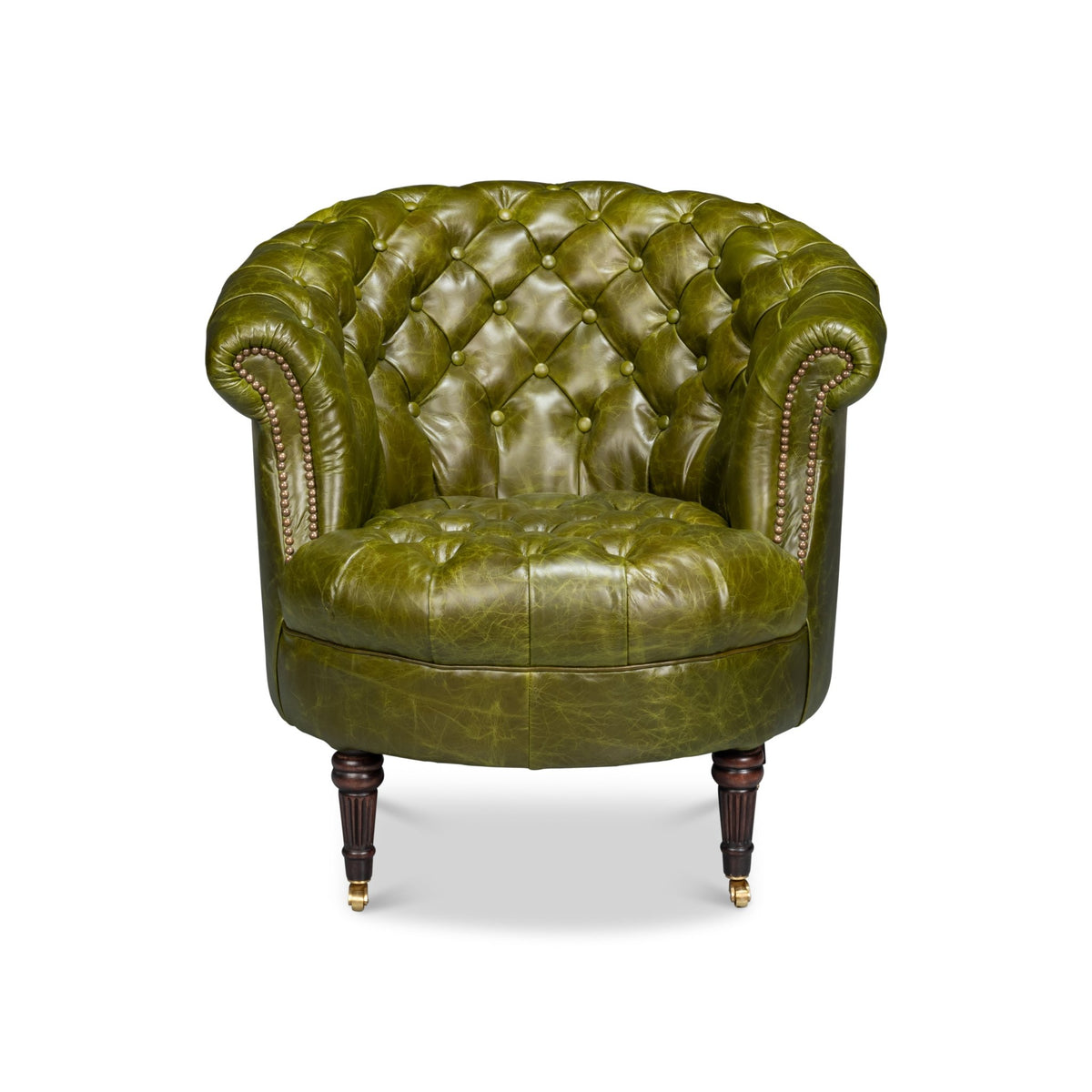 Green Leather Barrel Back Chair - English Georgian America