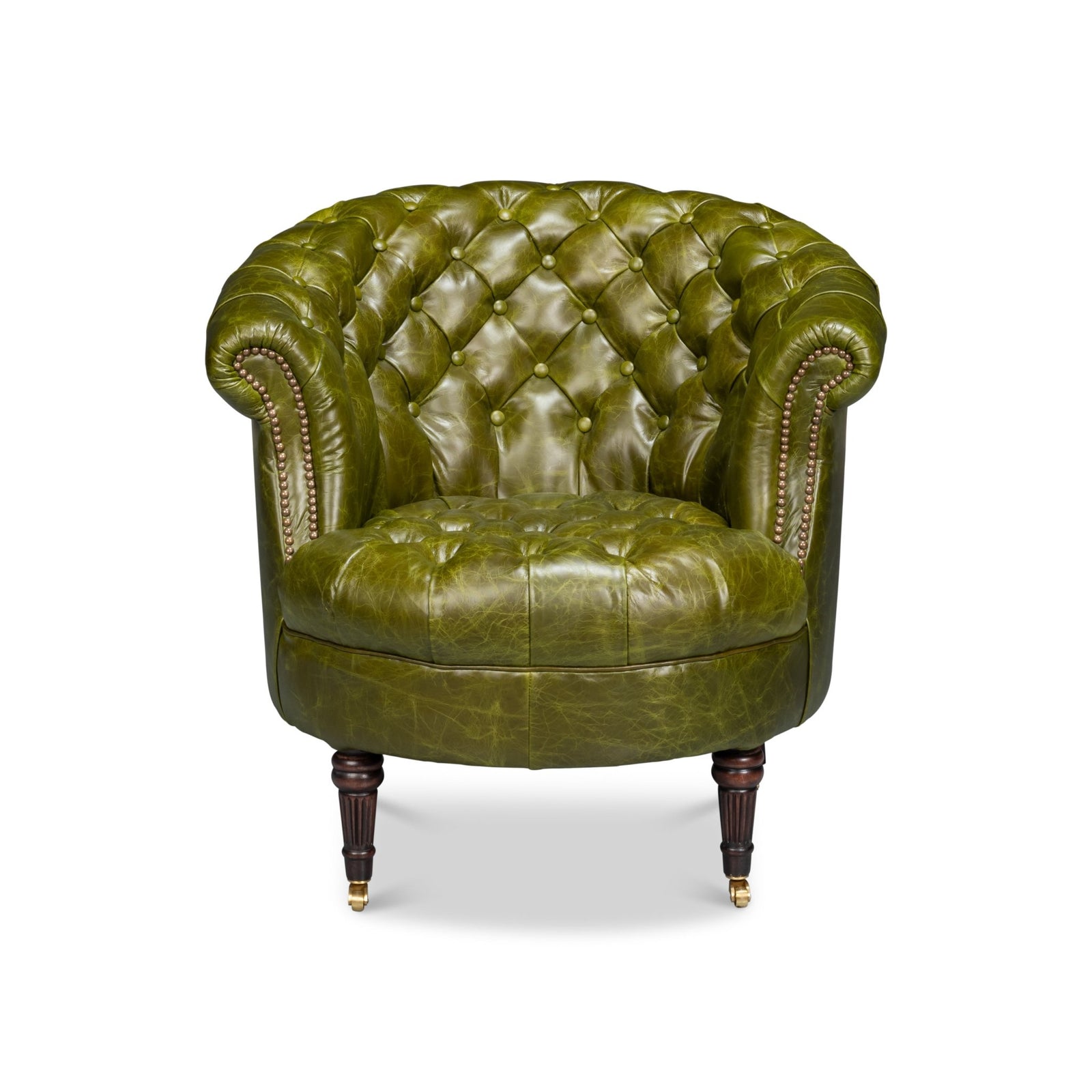 Green Leather Barrel Back Chair - English Georgian America