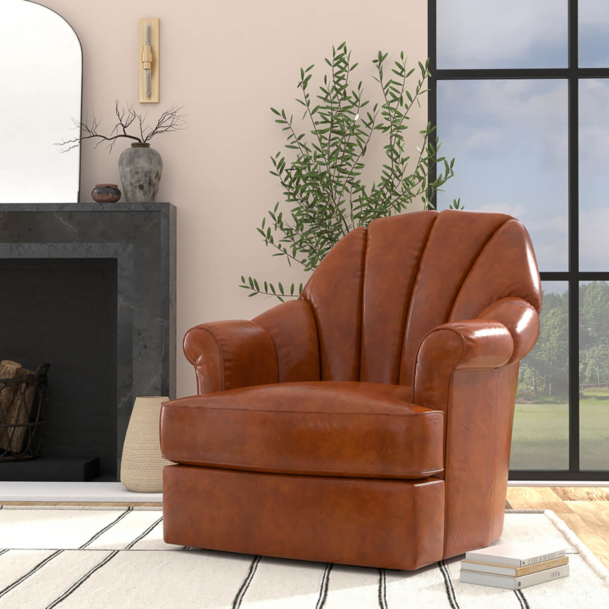 Havana Brown Leather Swivel Chair - English Georgian America