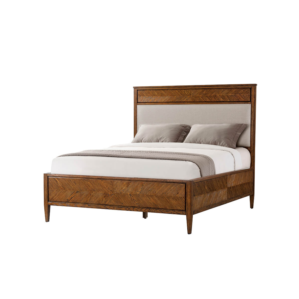 Herringbone Parquetry Queen Bed - Dark Oak - English Georgian America