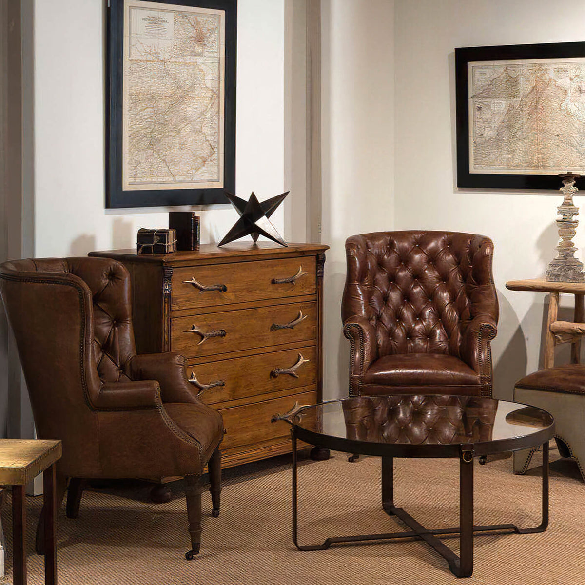 Industrial Round Leather End Table - English Georgian America