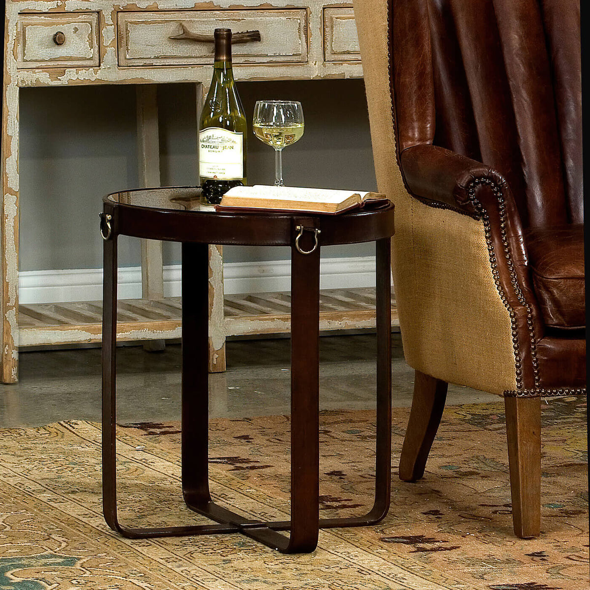 Industrial Round Leather End Table - English Georgian America