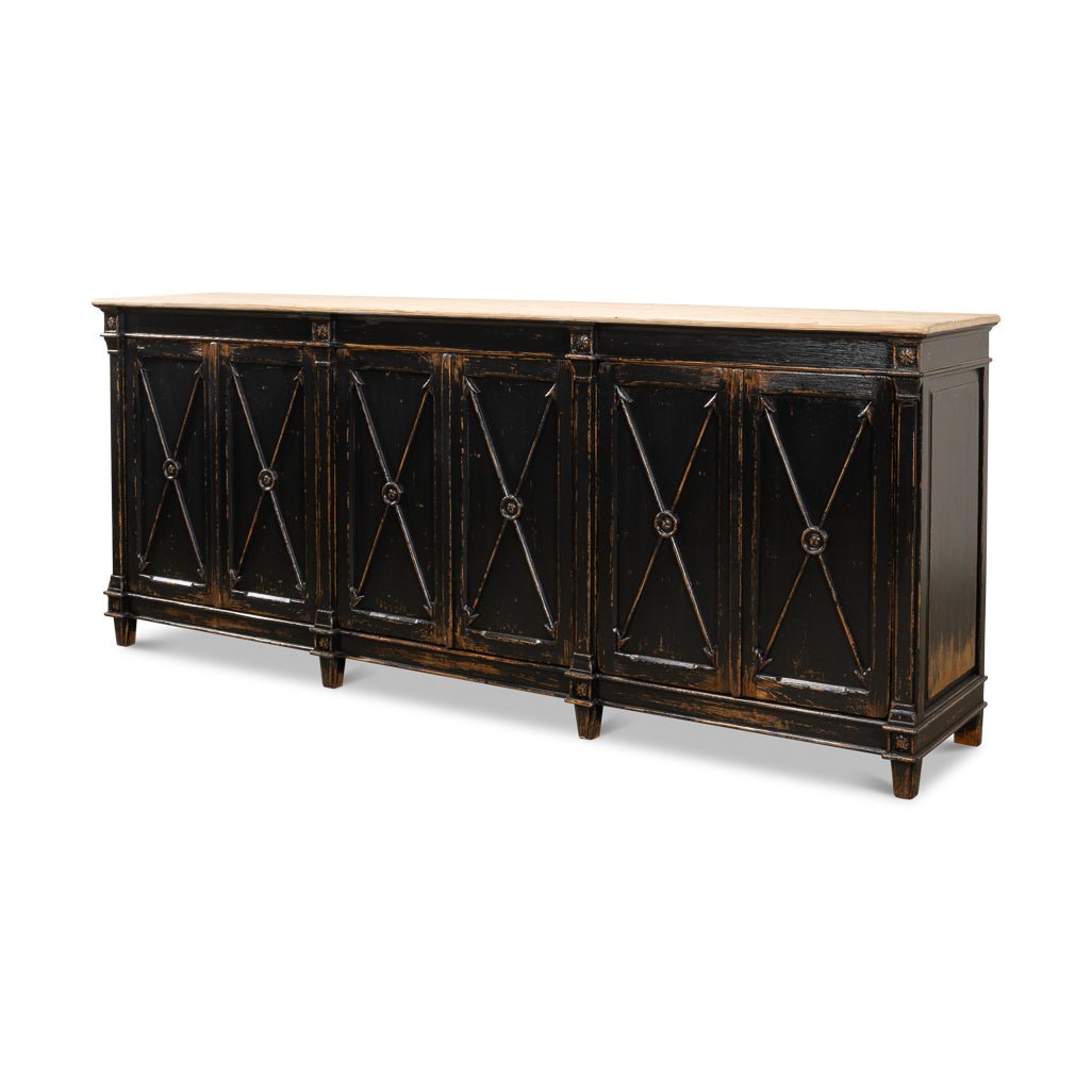 Long Directoire Style Antiqued Black Buffet - English Georgian America