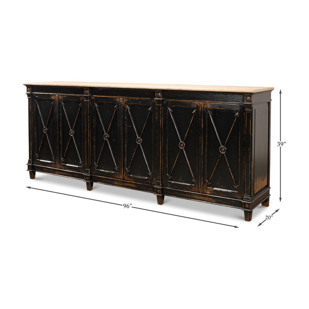 Long Directoire Style Antiqued Black Buffet - English Georgian America