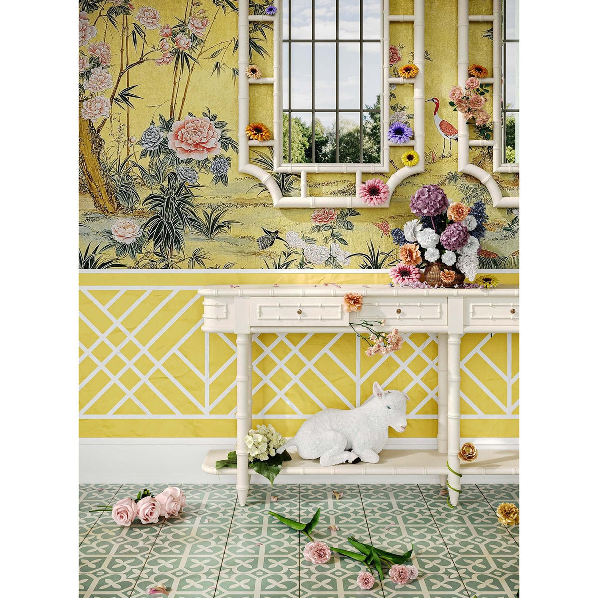 Long Faux Bamboo Console Table - English Georgian America