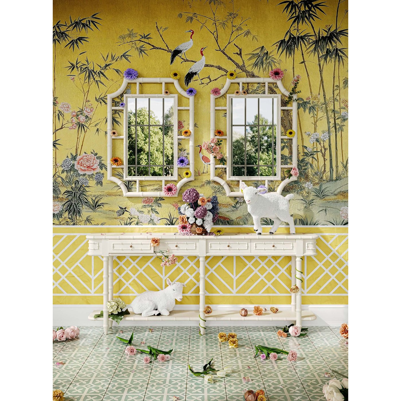 Long Faux Bamboo Console Table - English Georgian America