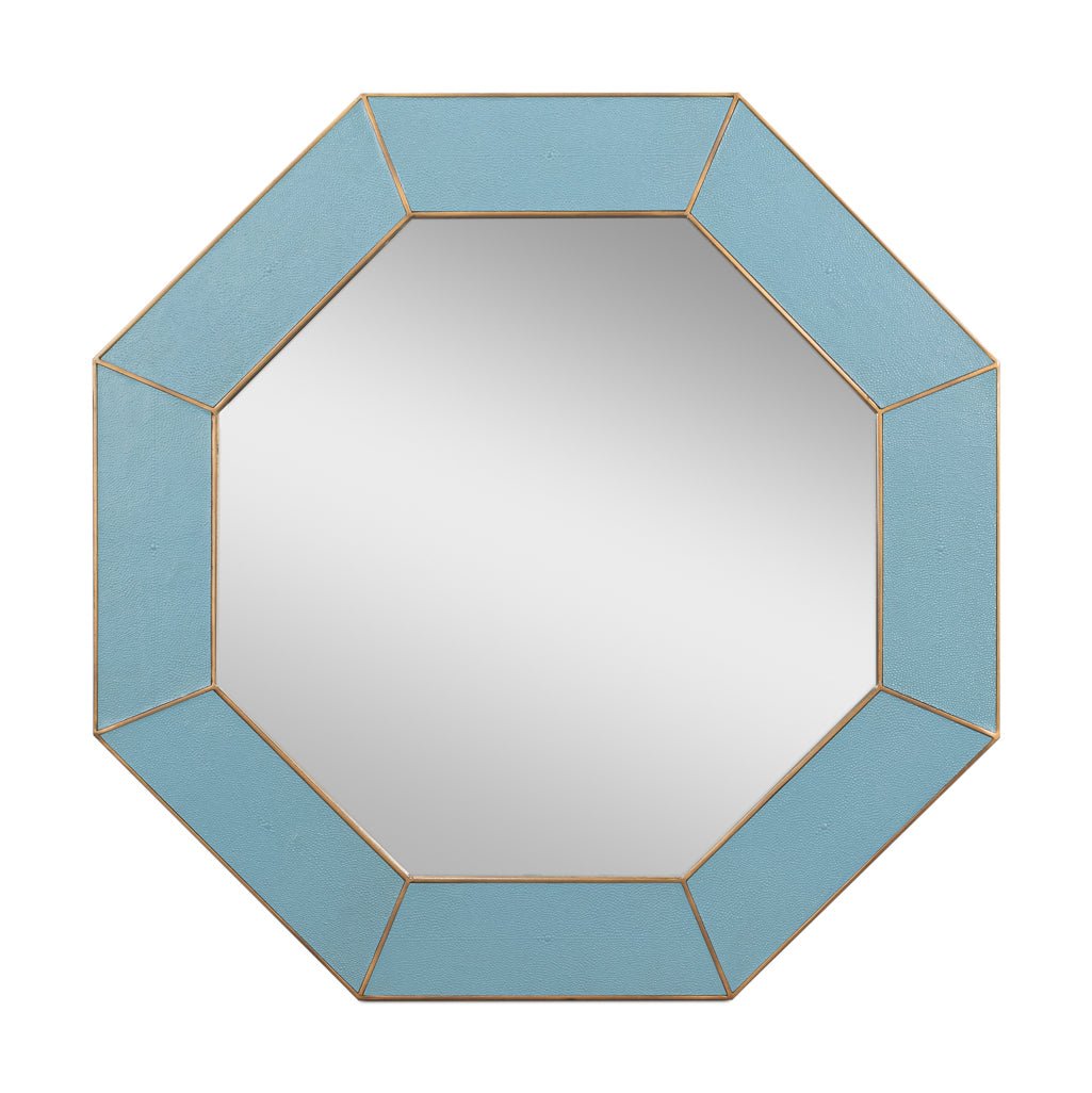 Mid Century Blue Octagonal Leather Mirror - English Georgian America