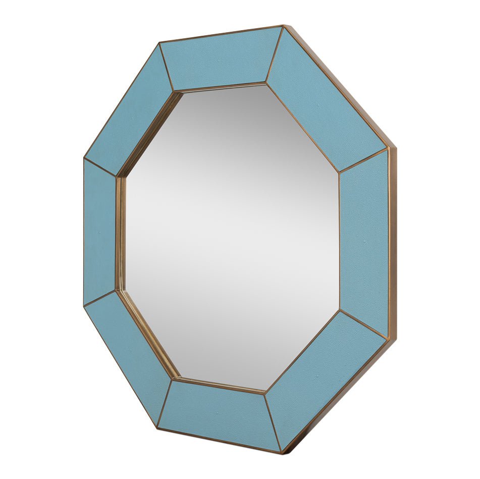 Mid Century Blue Octagonal Leather Mirror - English Georgian America