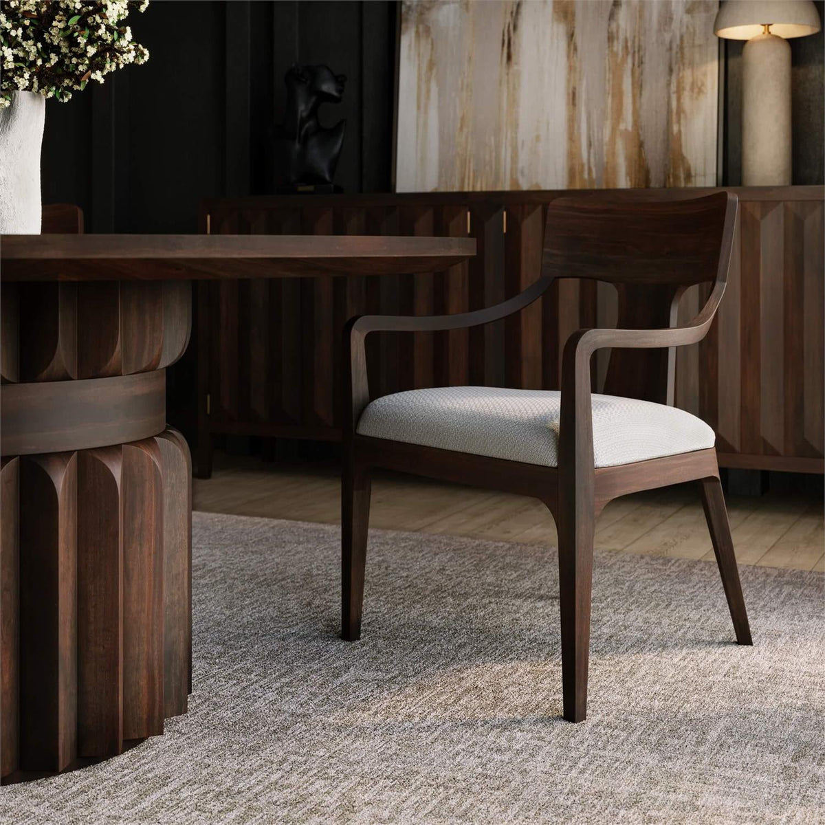 Mid - Century Dining Armchair – Walnut Finish, Cream Seat - English Georgian America