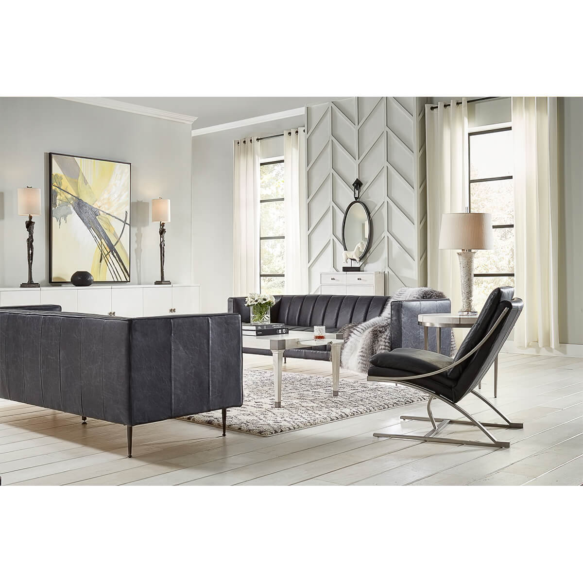 Mid Century Leather Channeled Sofa - English Georgian America