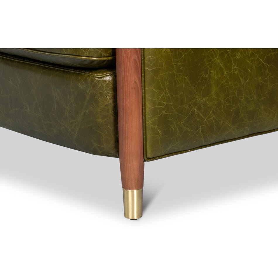 Mid - Century Modern Green Leather Armchair - English Georgian America