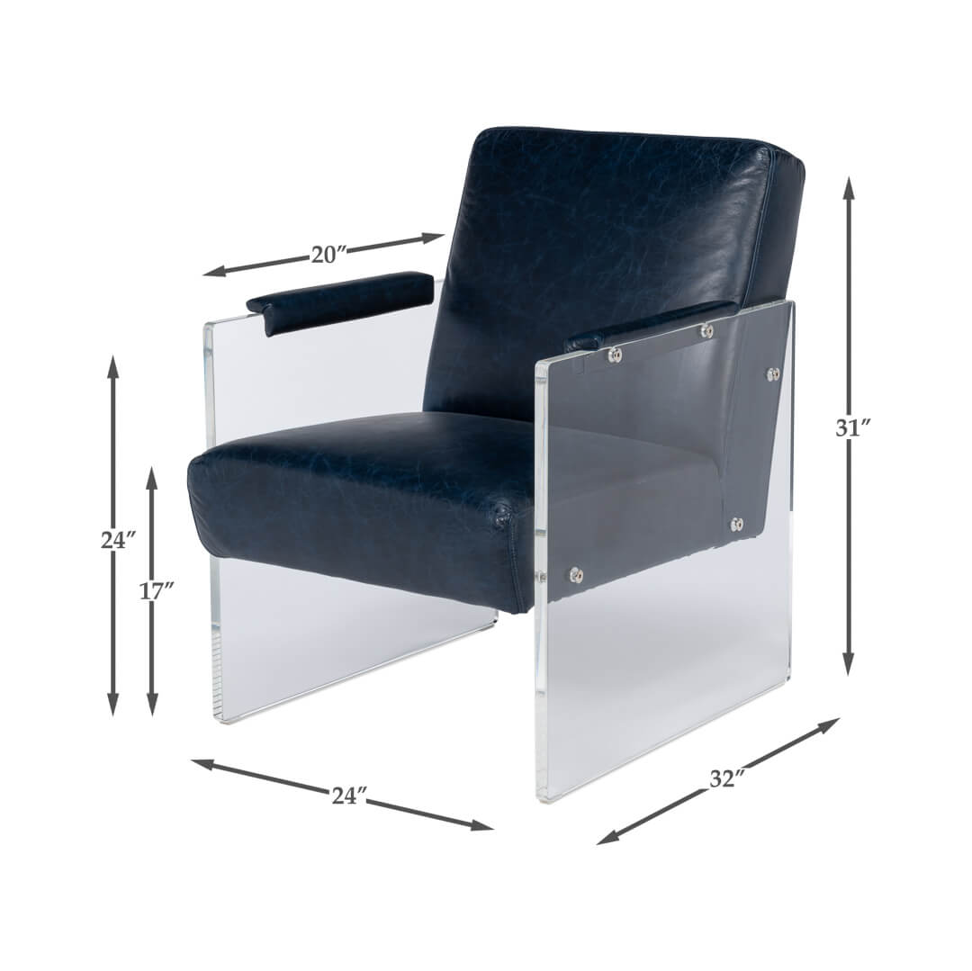 Modern Blue Leather and Lucite Armchair - English Georgian America