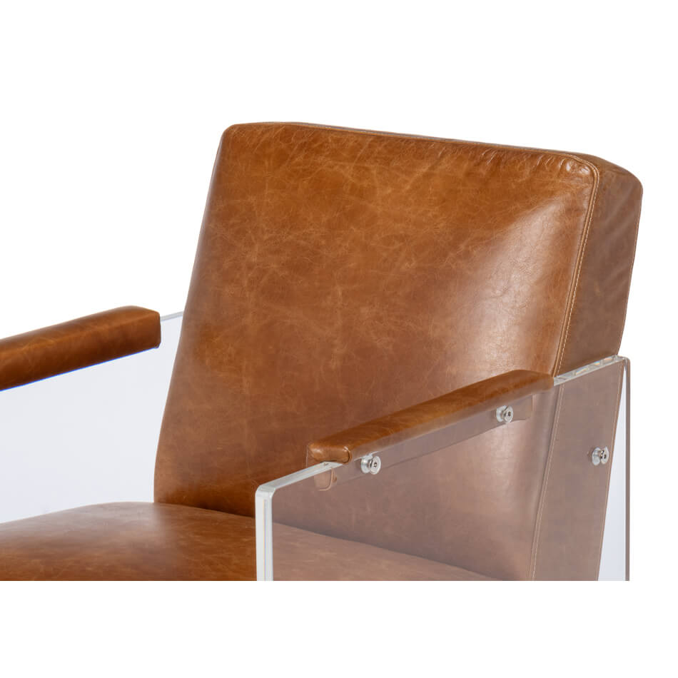 Modern Brown Leather and Lucite Armchair - English Georgian America