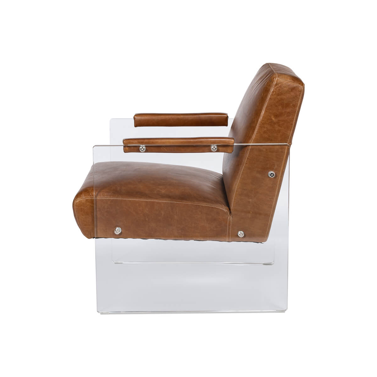 Modern Brown Leather and Lucite Armchair - English Georgian America
