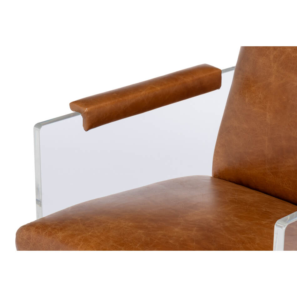 Modern Brown Leather and Lucite Armchair - English Georgian America