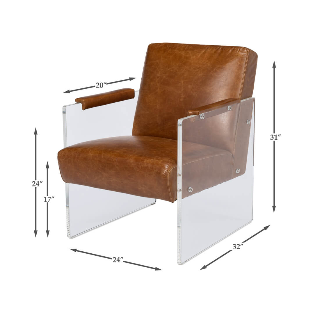 Modern Brown Leather and Lucite Armchair - English Georgian America
