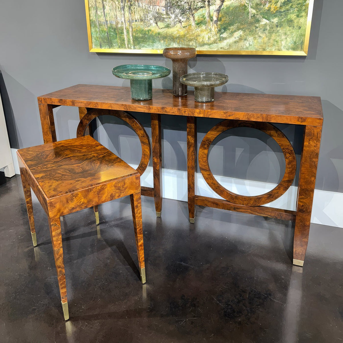 Modern Burl Walnut Console Table - English Georgian America