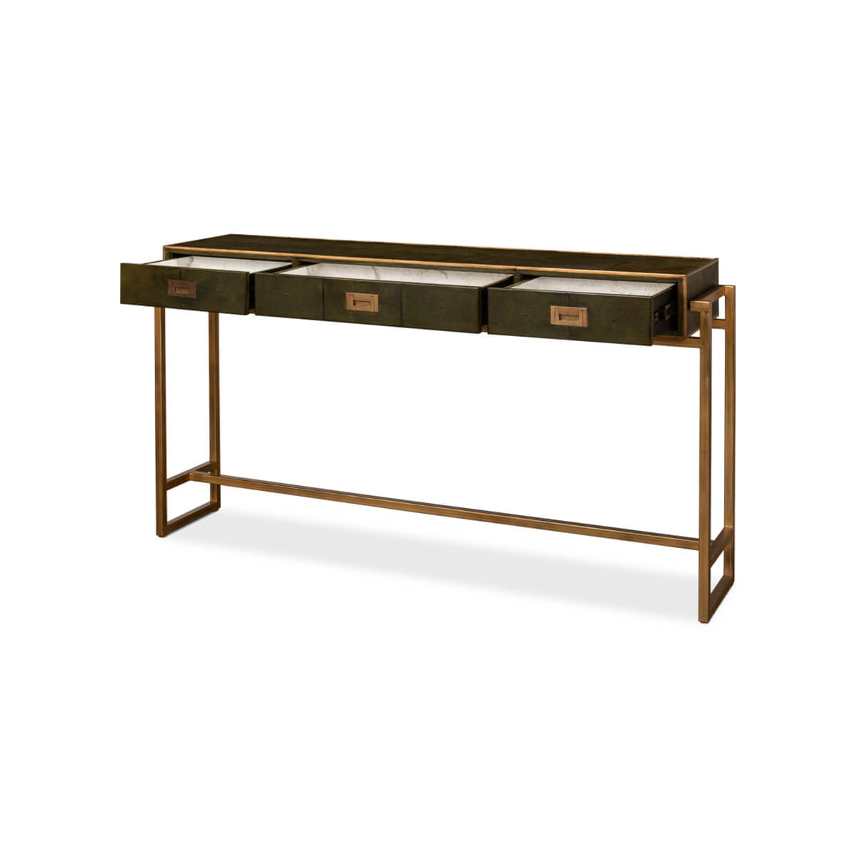 Modern Campaign Green Leather Wrapped Console Table - English Georgian America