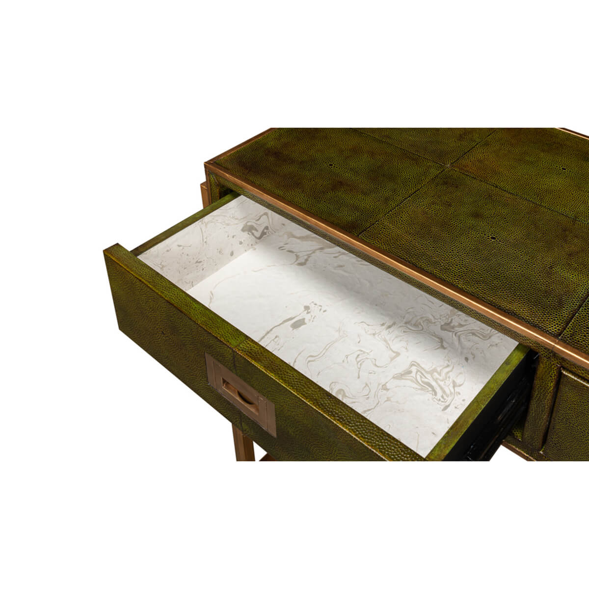 Modern Campaign Green Leather Wrapped Console Table - English Georgian America