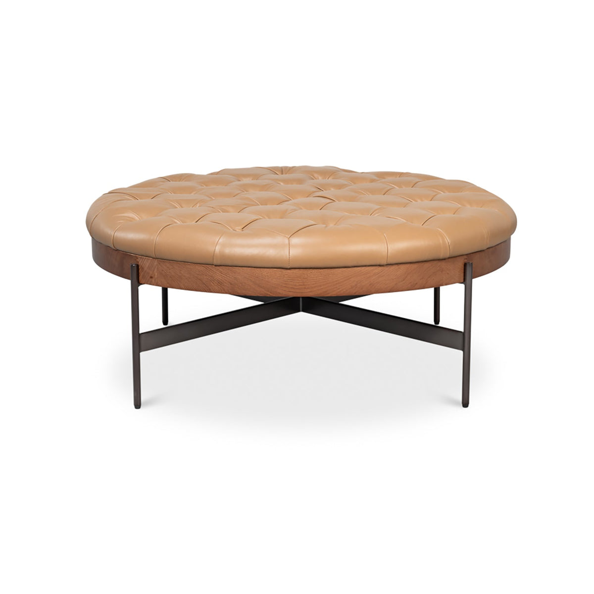 Modern Cocktail Ottoman - Caramel Brown Leather - English Georgian America