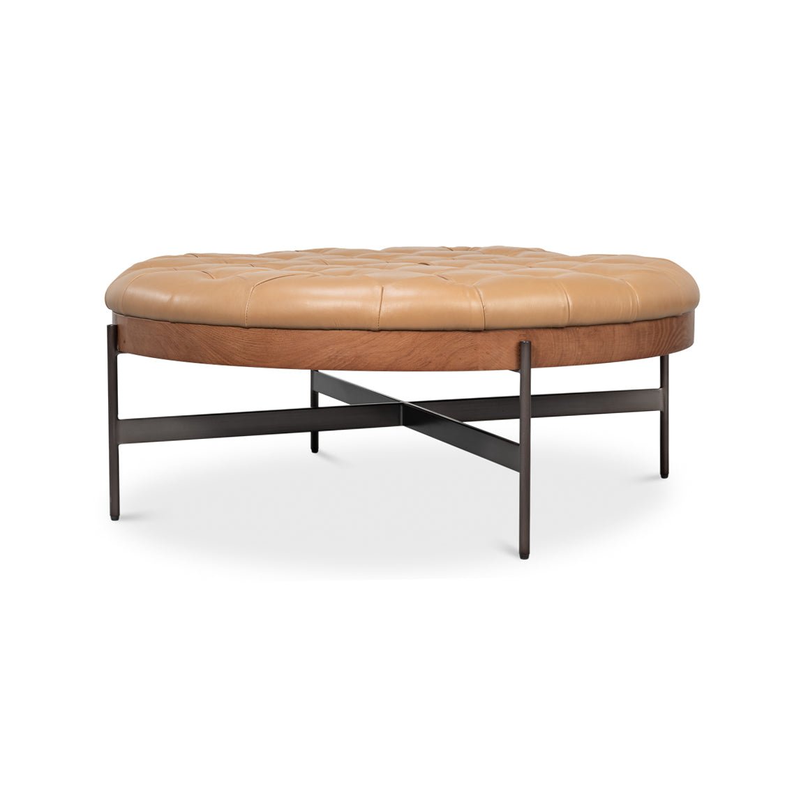 Modern Cocktail Ottoman - Caramel Brown Leather - English Georgian America