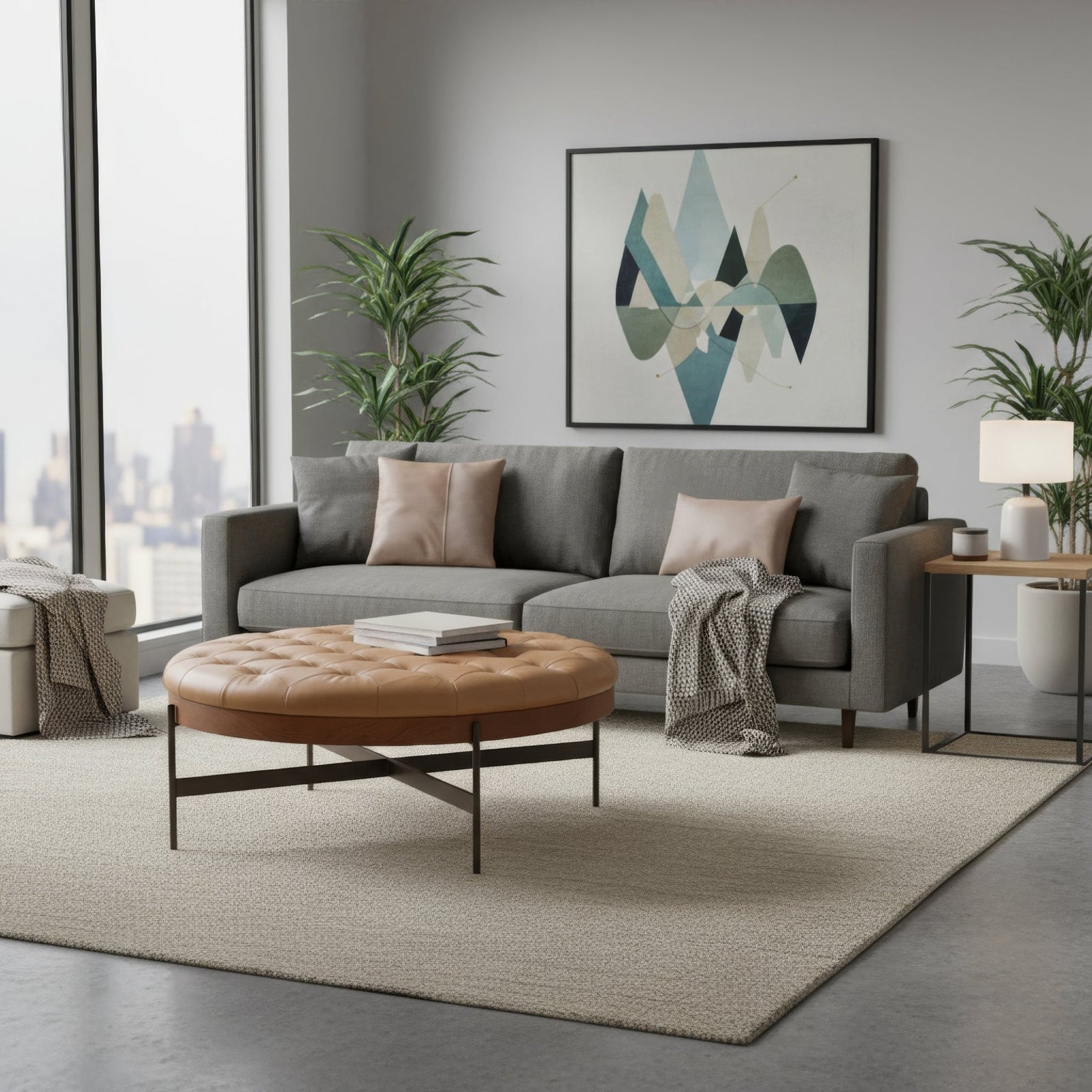 Modern Cocktail Ottoman - Caramel Brown Leather - English Georgian America