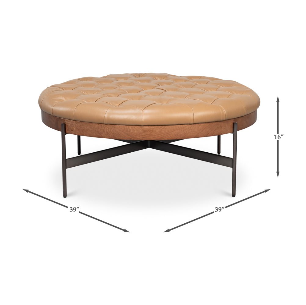 Modern Cocktail Ottoman - Caramel Brown Leather - English Georgian America