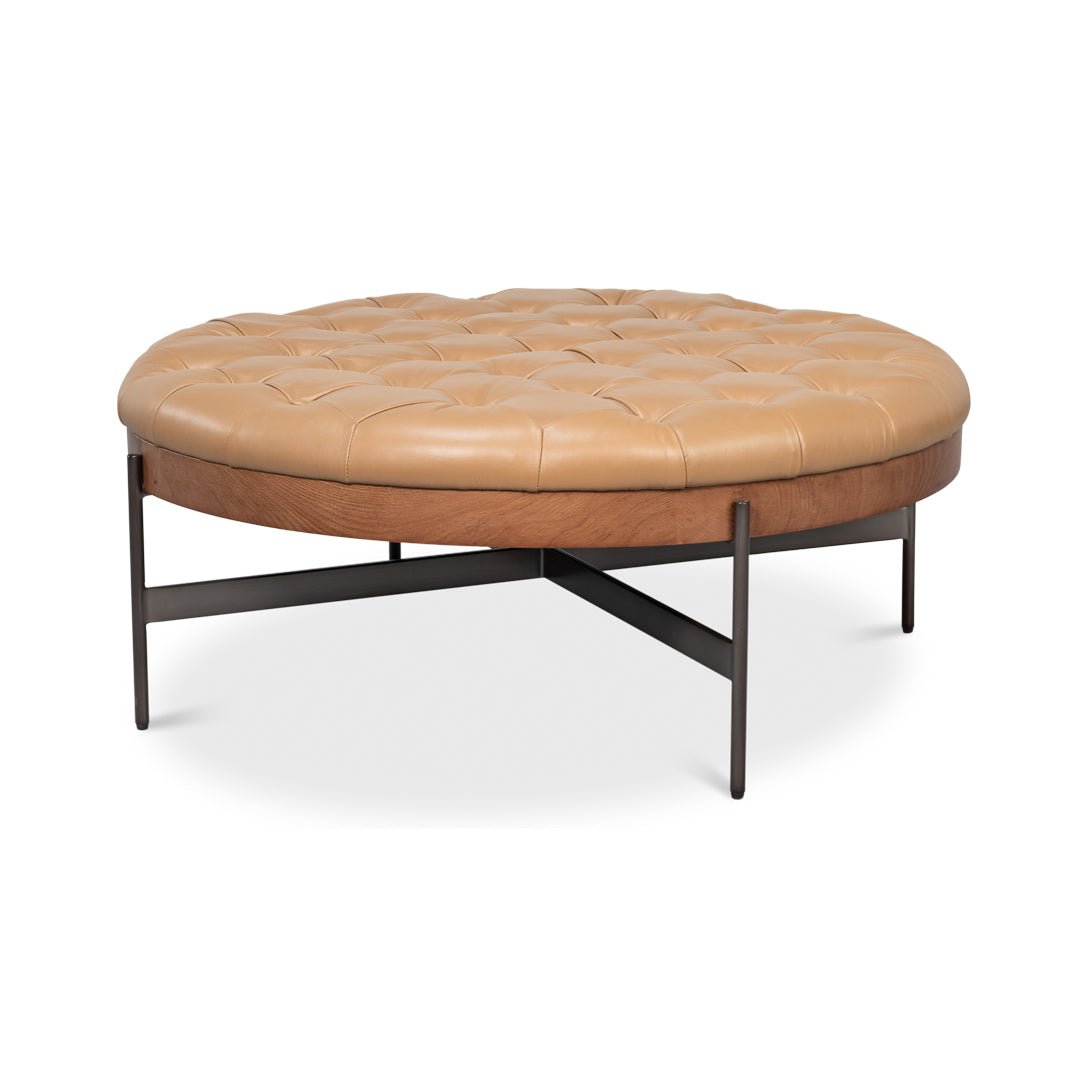 Modern Cocktail Ottoman - Caramel Brown Leather - English Georgian America