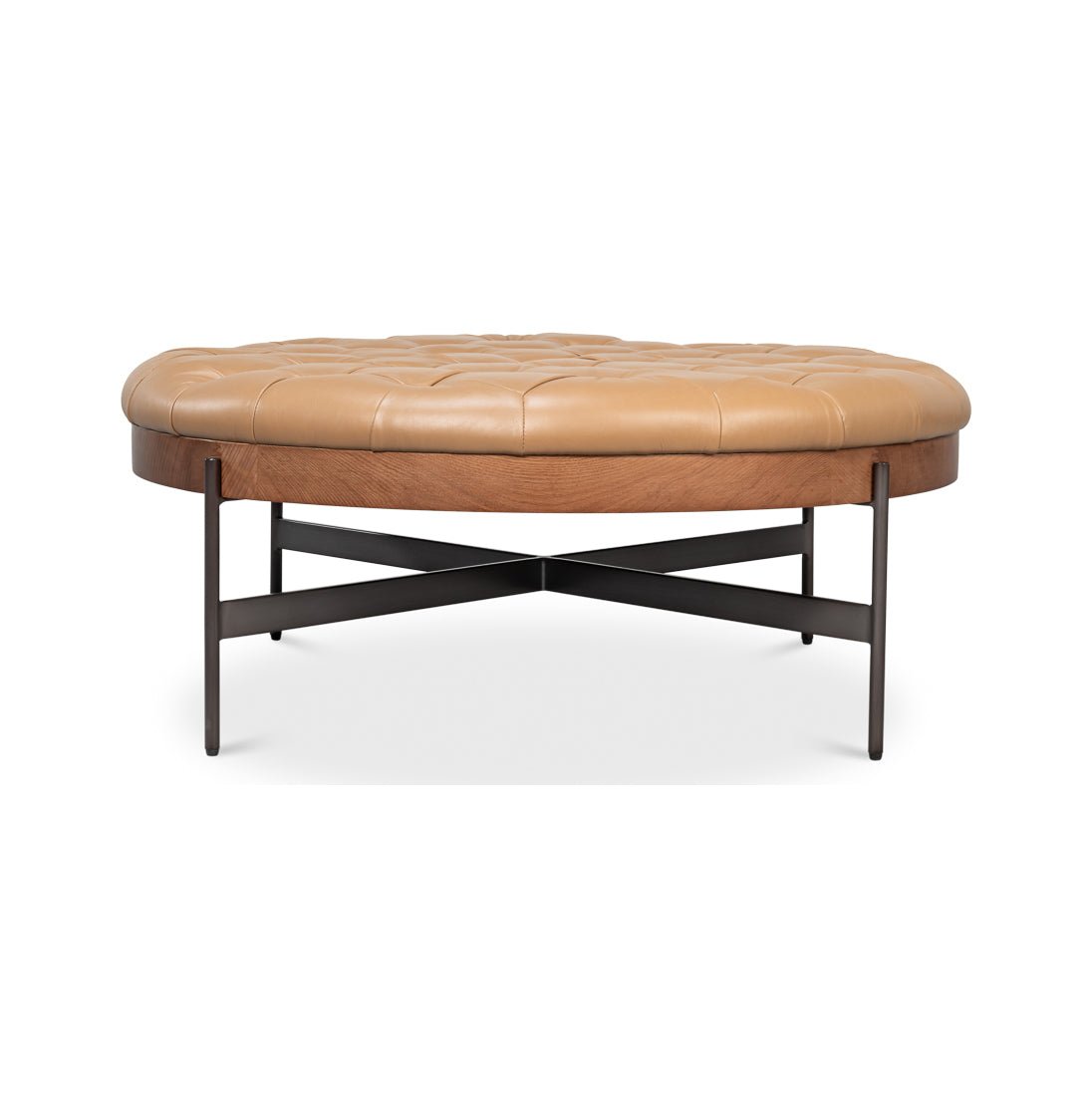 Modern Cocktail Ottoman - Caramel Brown Leather - English Georgian America