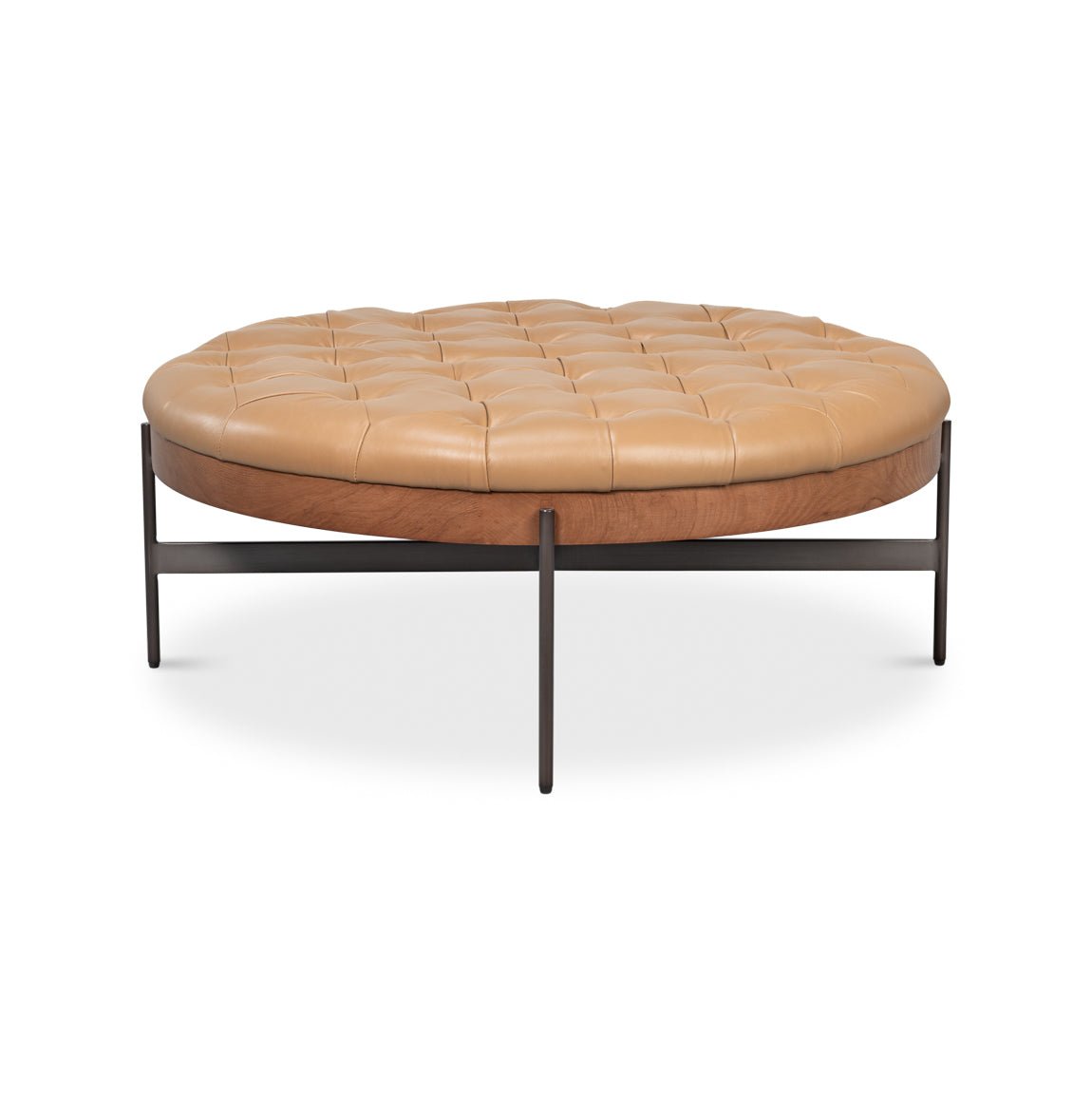 Modern Cocktail Ottoman - Caramel Brown Leather - English Georgian America