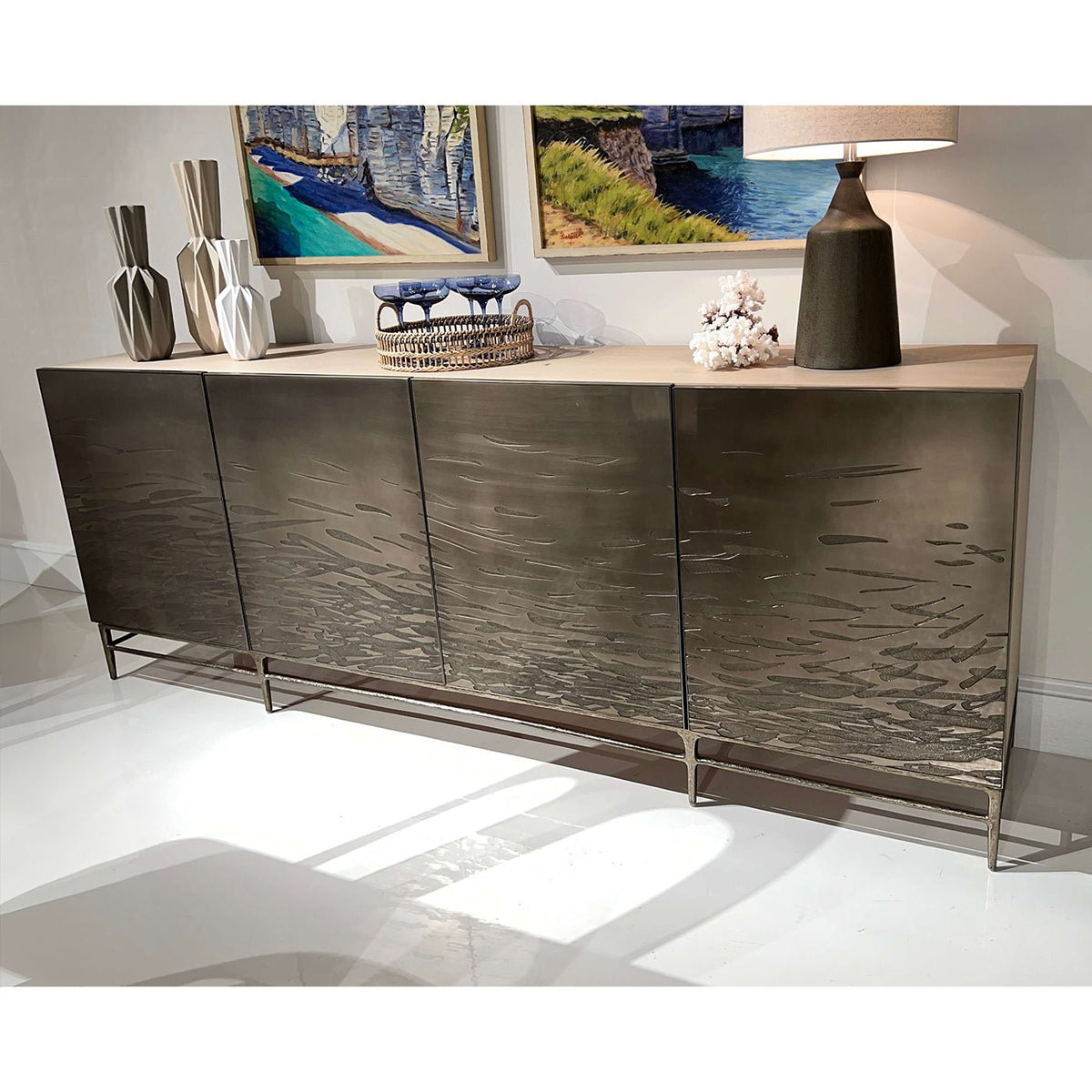Modern Etched Brass Flowing Media Cabinet - English Georgian America