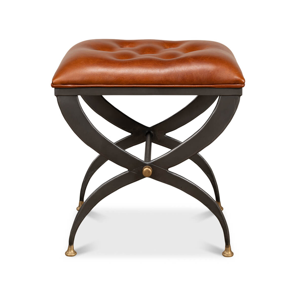 Modern Leather Seat Curule Stool - English Georgian America