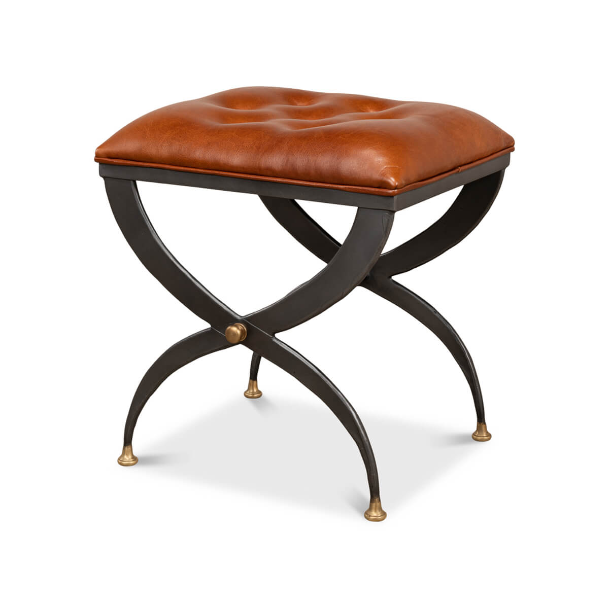 Modern Leather Seat Curule Stool - English Georgian America