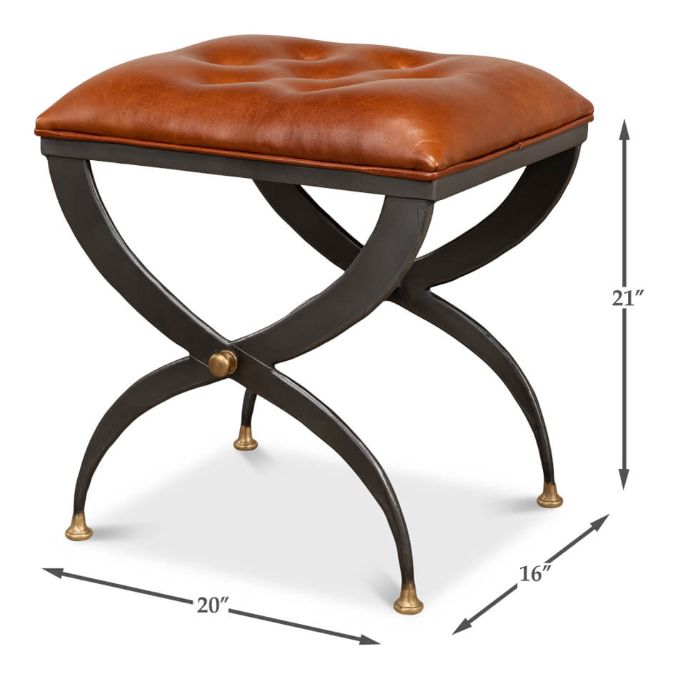 Modern Leather Seat Curule Stool - English Georgian America