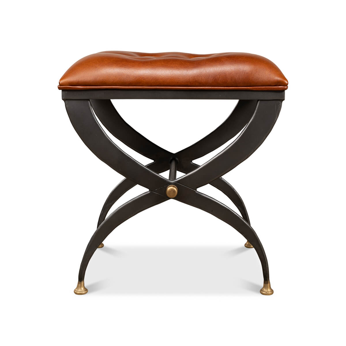 Modern Leather Seat Curule Stool - English Georgian America