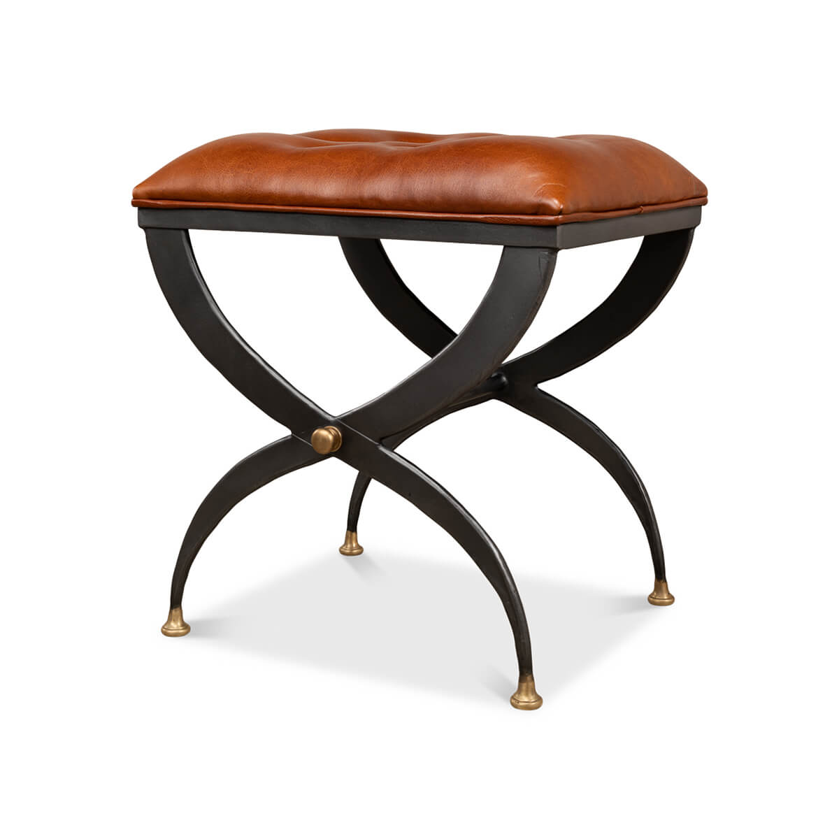 Modern Leather Seat Curule Stool - English Georgian America