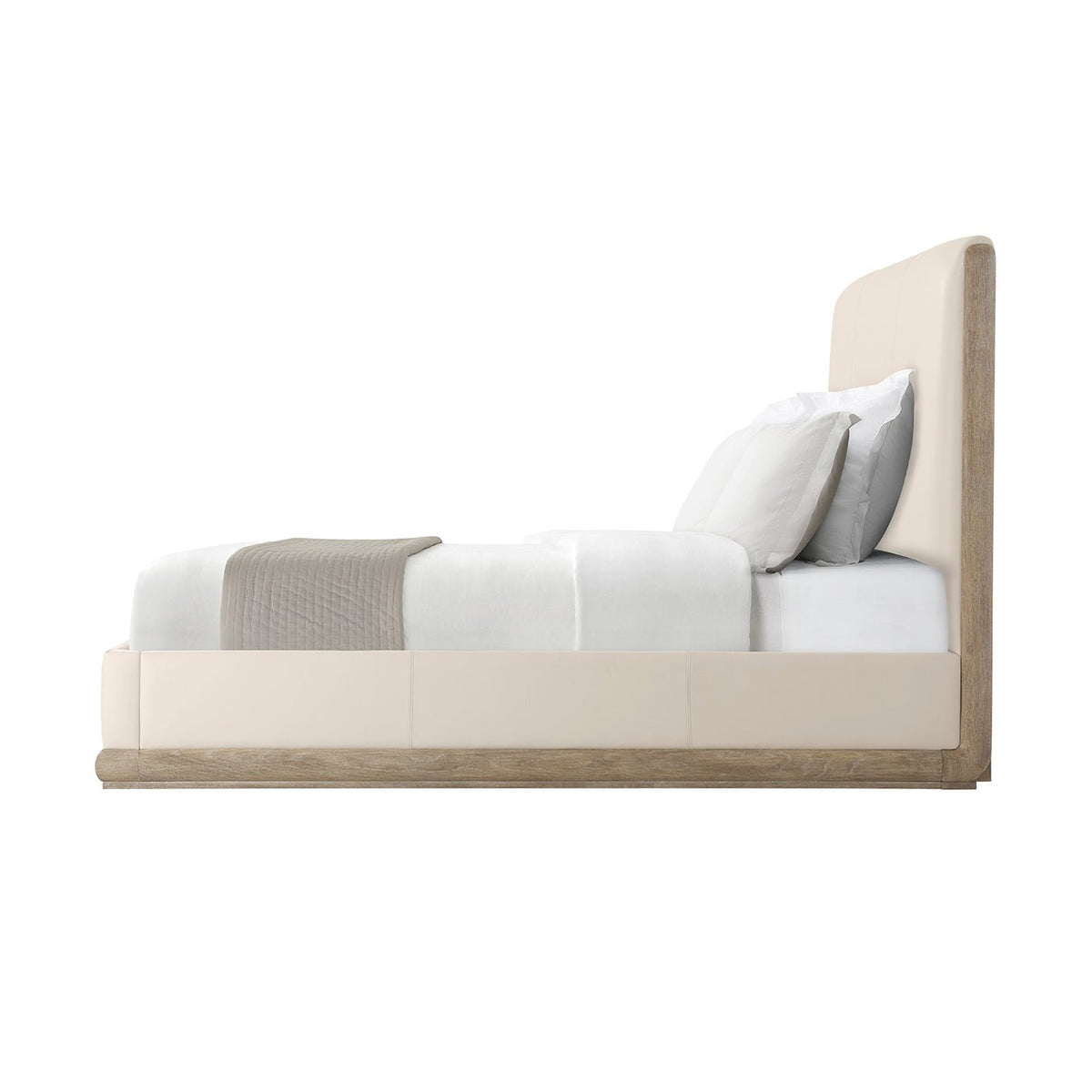 Modern Light Oak and Leather Upholstered Bed - English Georgian America