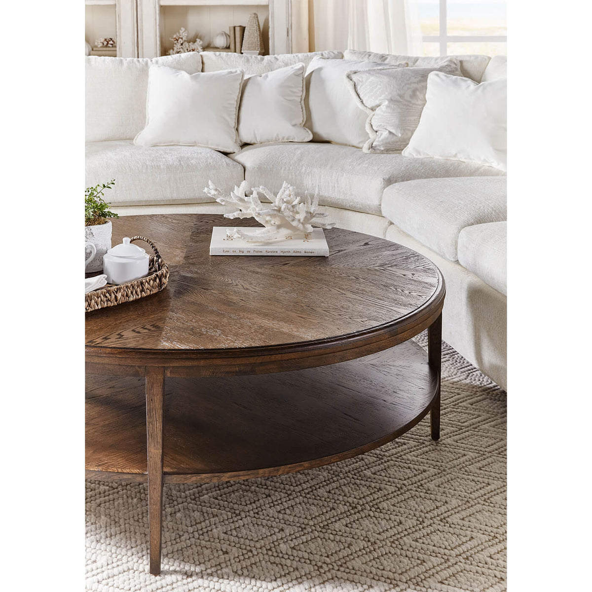 Modern Parquetry Round Coffee Table - Dark Oak - English Georgian America