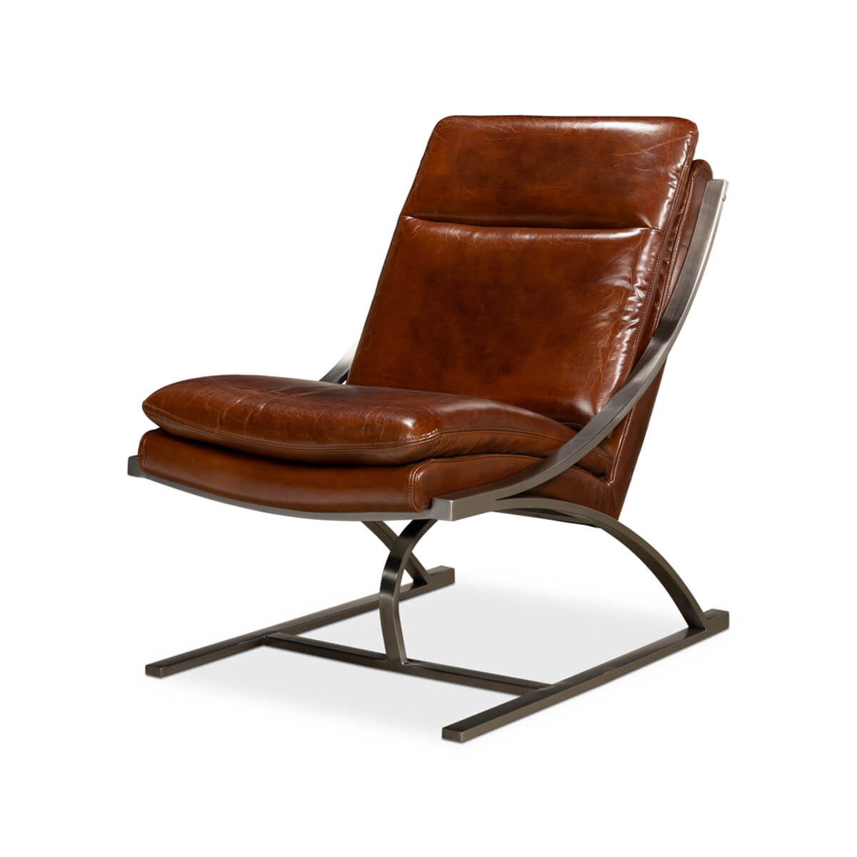 Modern Stainless Steel and Brown Leather Chair - English Georgian America