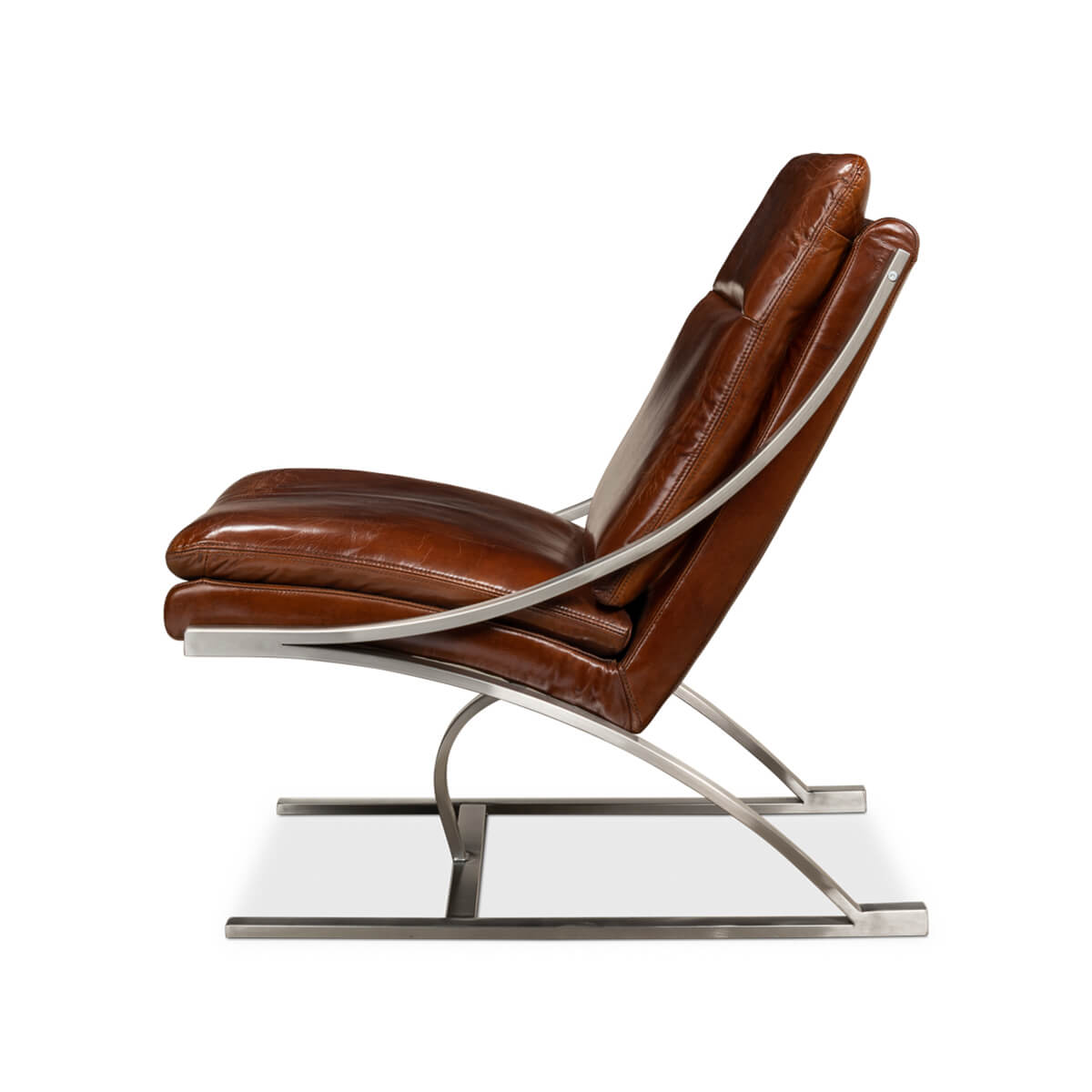 Modern Stainless Steel and Brown Leather Chair - English Georgian America