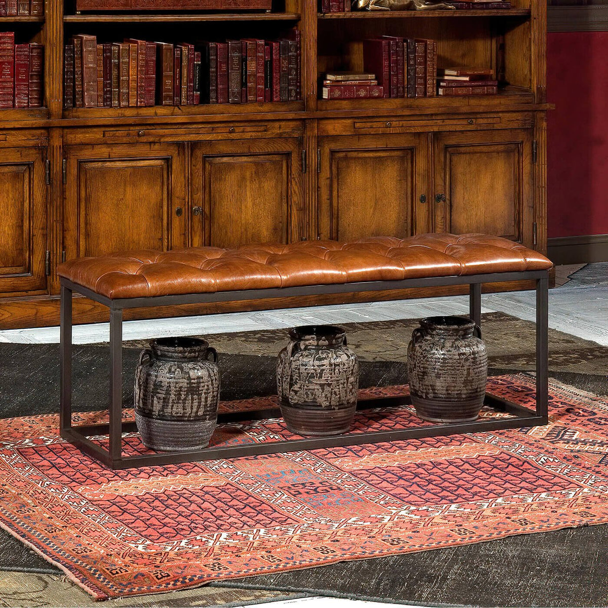 Modern Tufted Leather Bench - English Georgian America