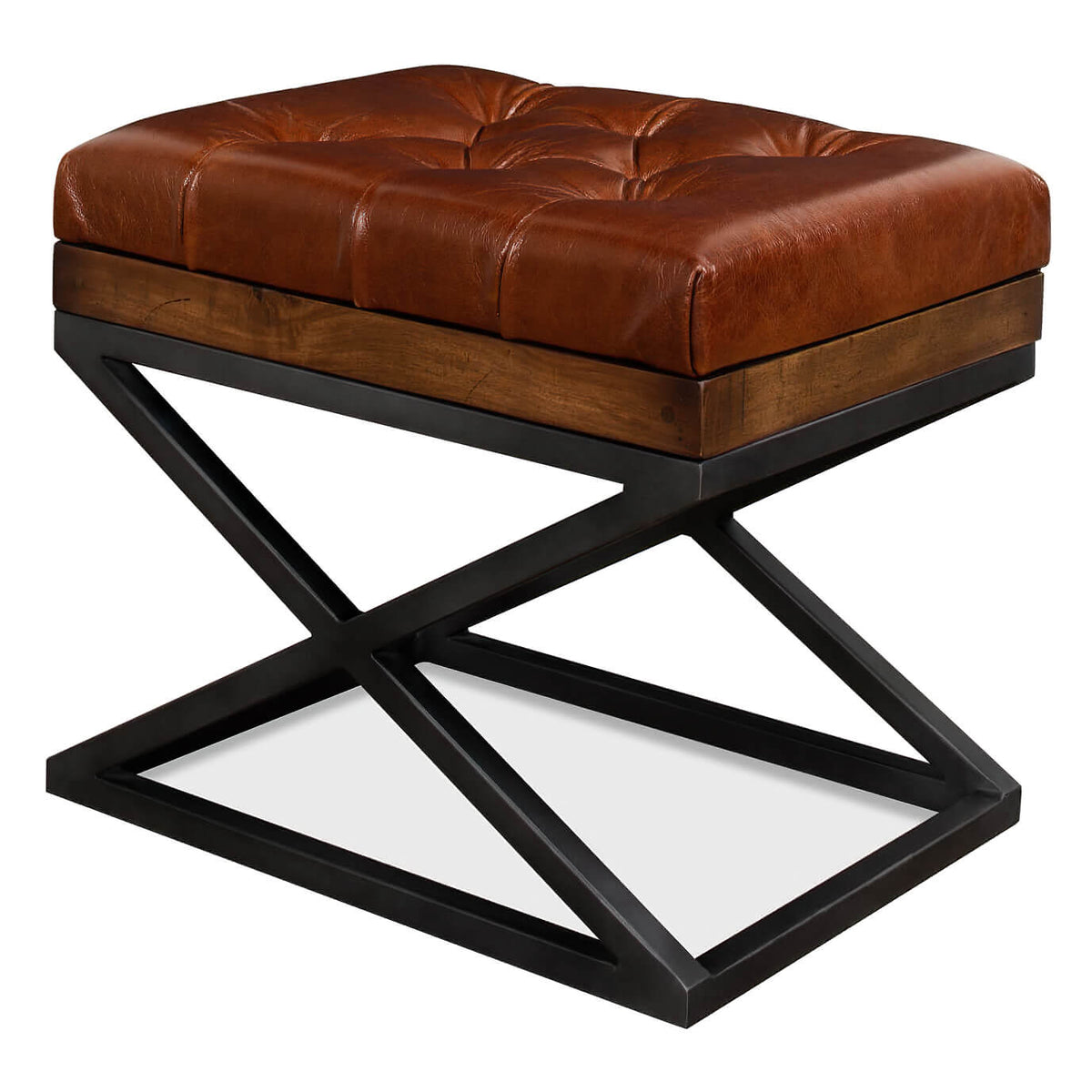 Modern Tufted Leather X Frame Stool - English Georgian America