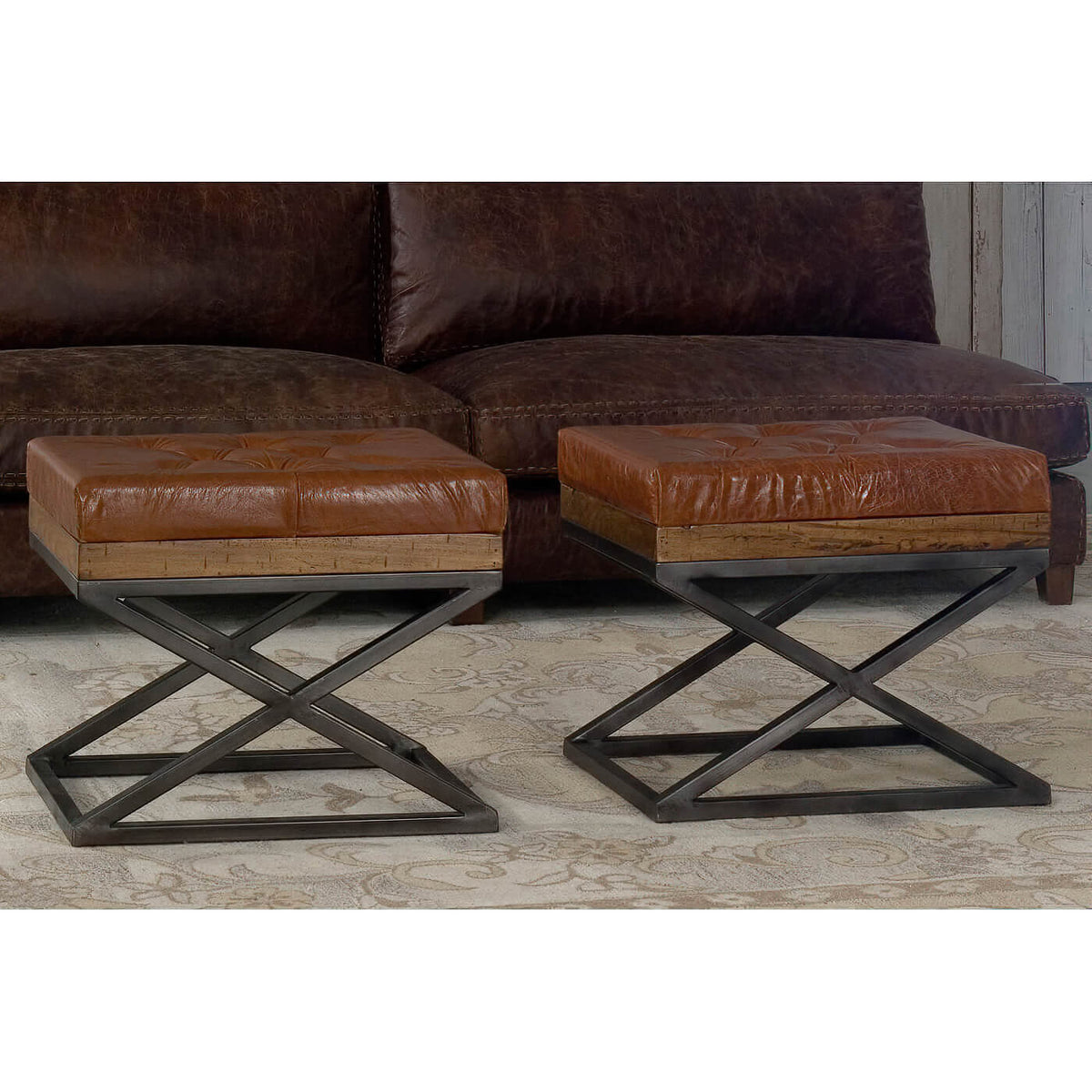 Modern Tufted Leather X Frame Stool - English Georgian America