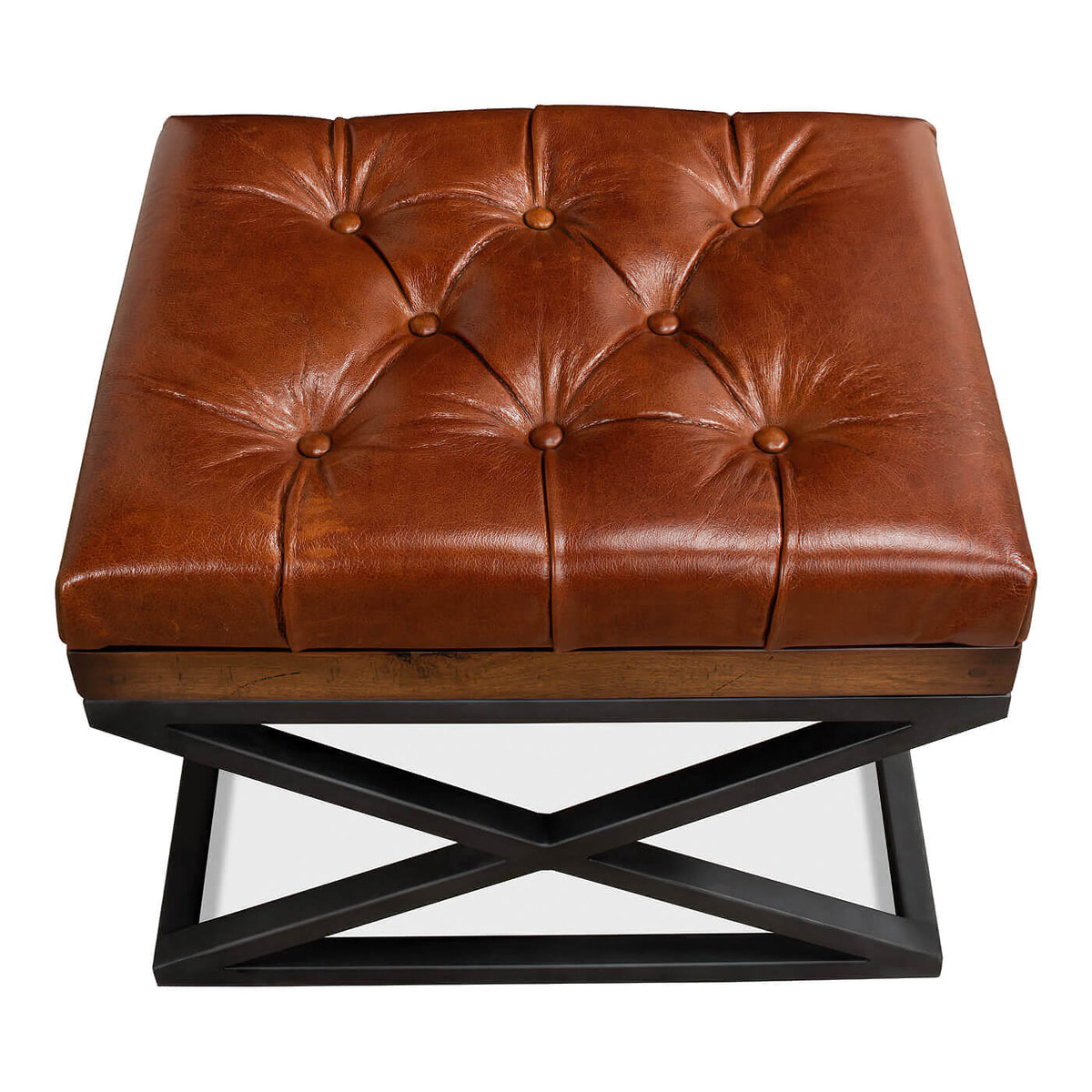 Modern Tufted Leather X Frame Stool - English Georgian America