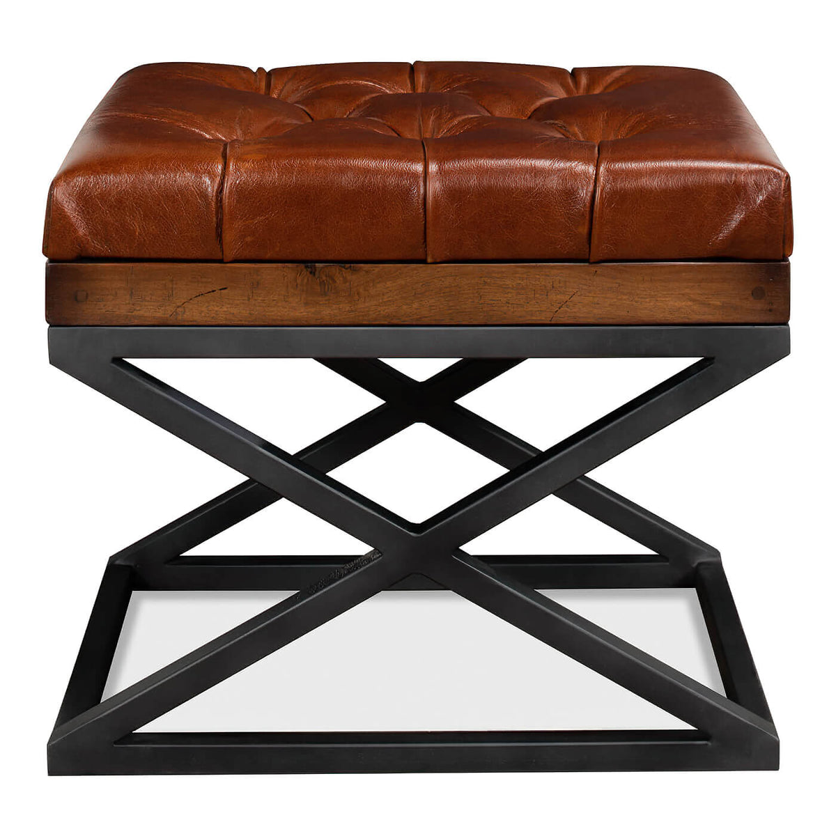 Modern Tufted Leather X Frame Stool - English Georgian America