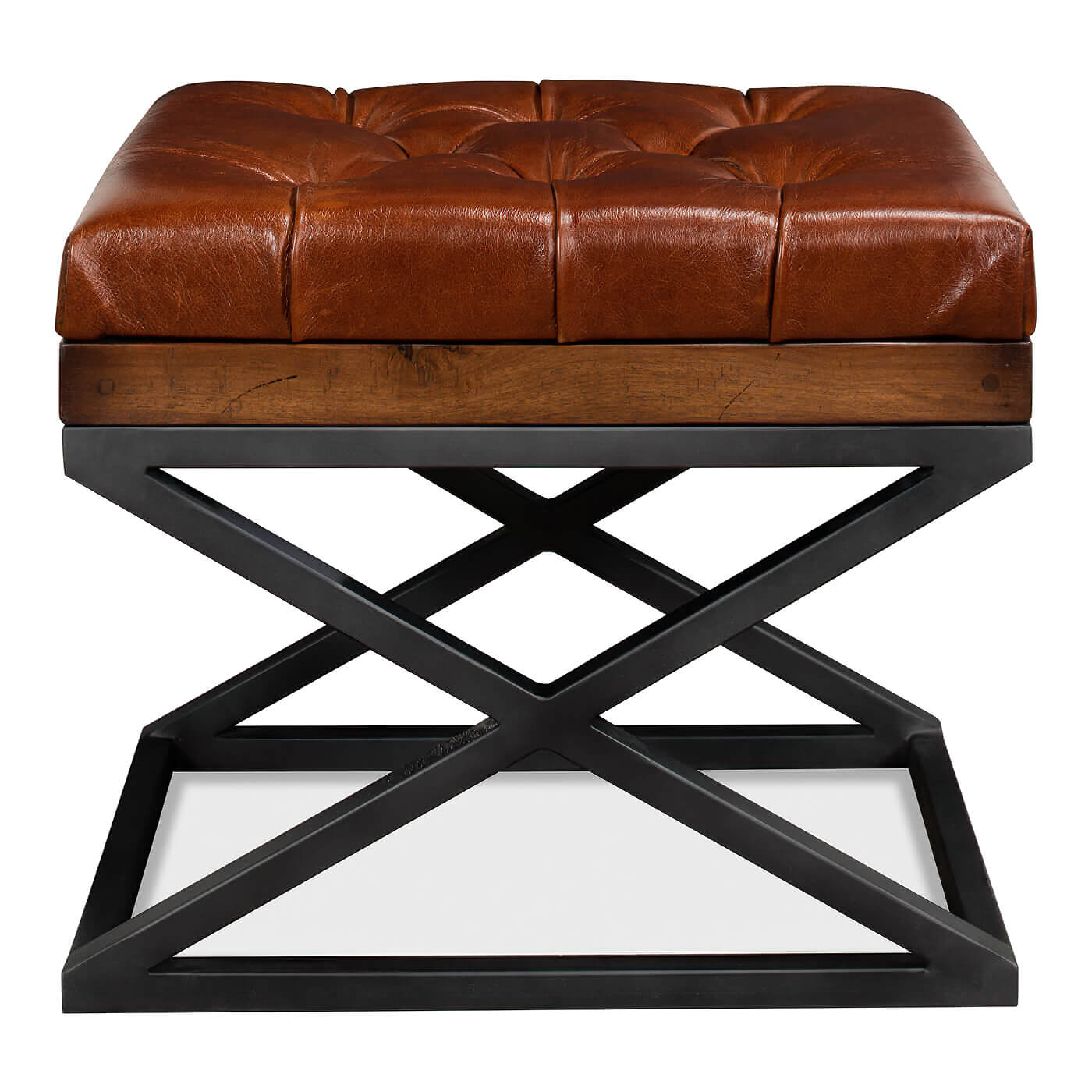 Modern Tufted Leather X Frame Stool - English Georgian America