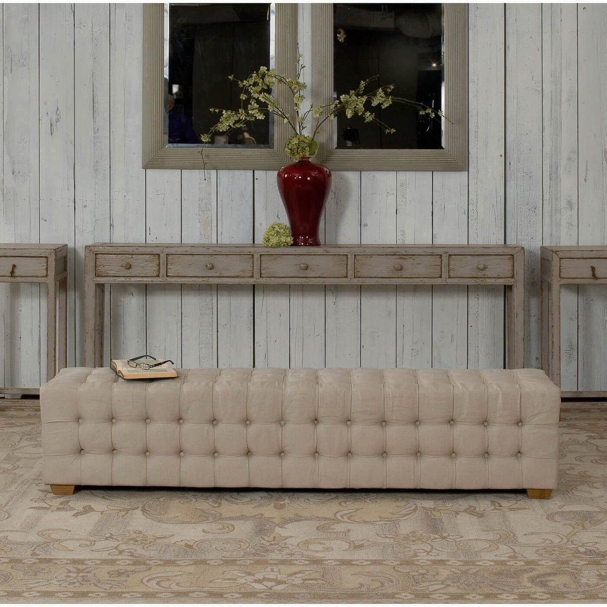 Modern Tufted Linen Upholstered Bench - English Georgian America