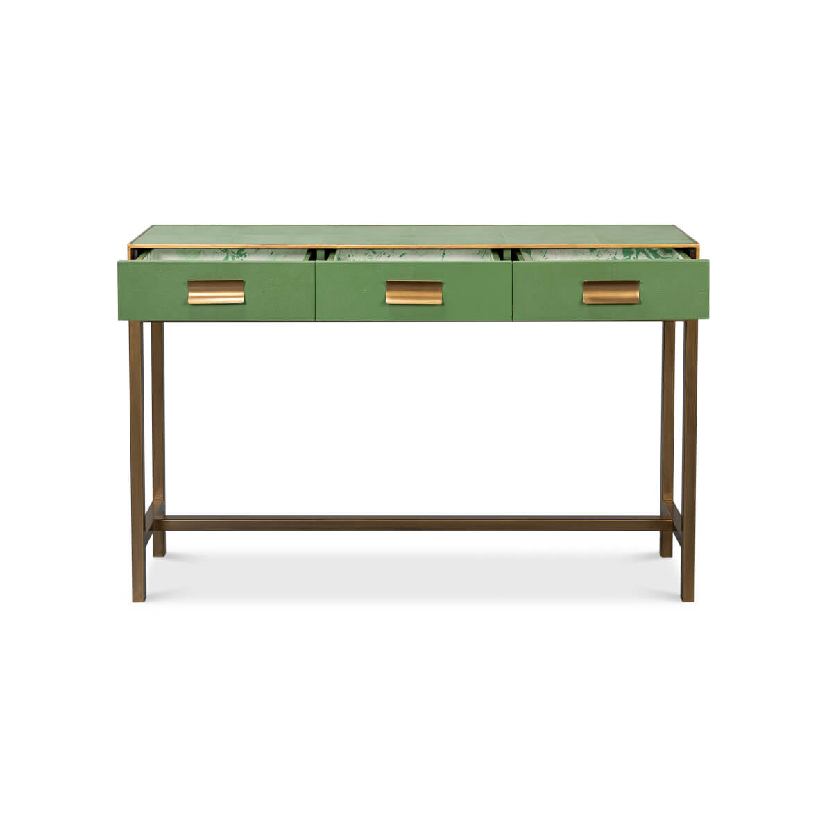 Modern Watercress Green Leather Wrapped Console - English Georgian America