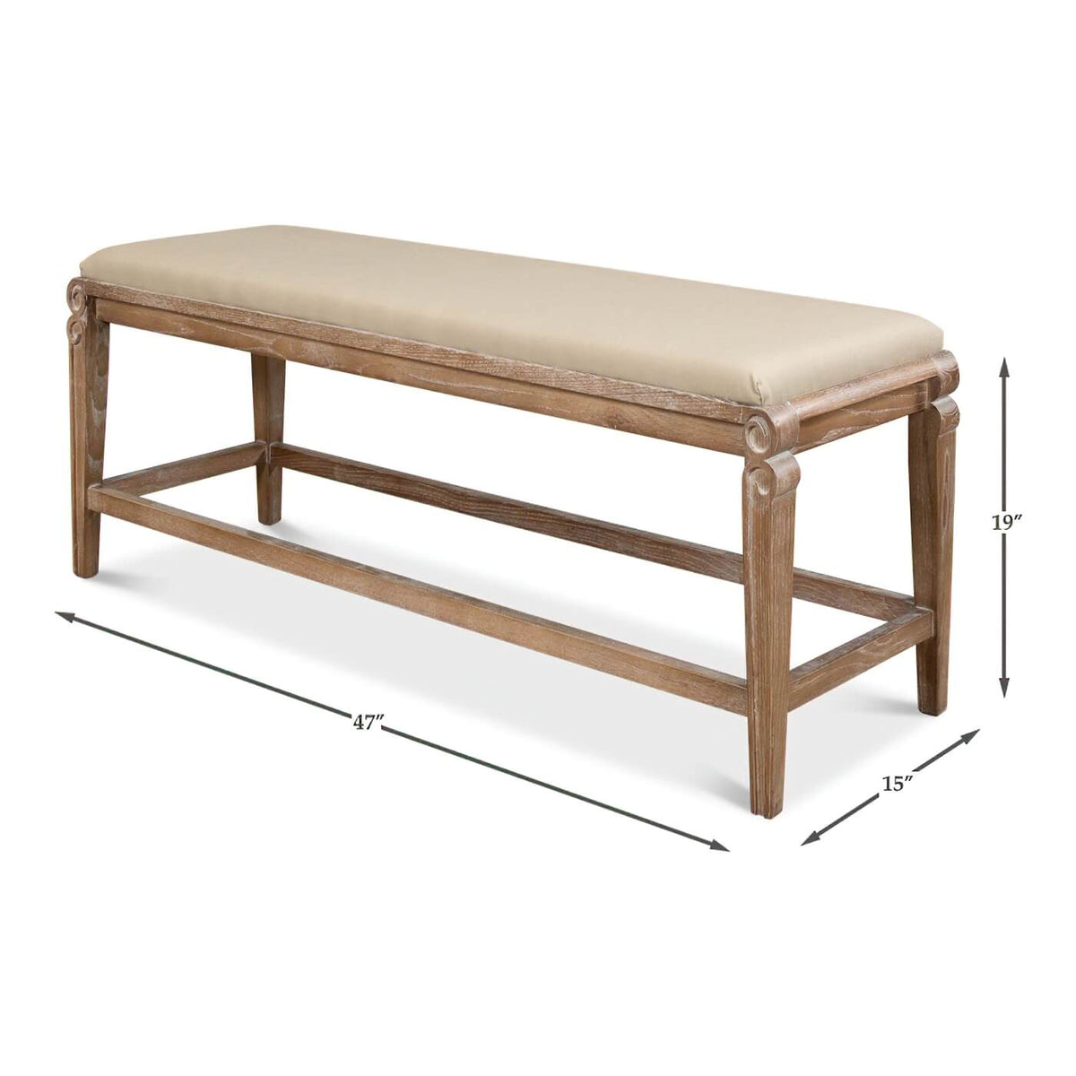 Modern Whitewash and Linen Upholstered Bench - English Georgian America